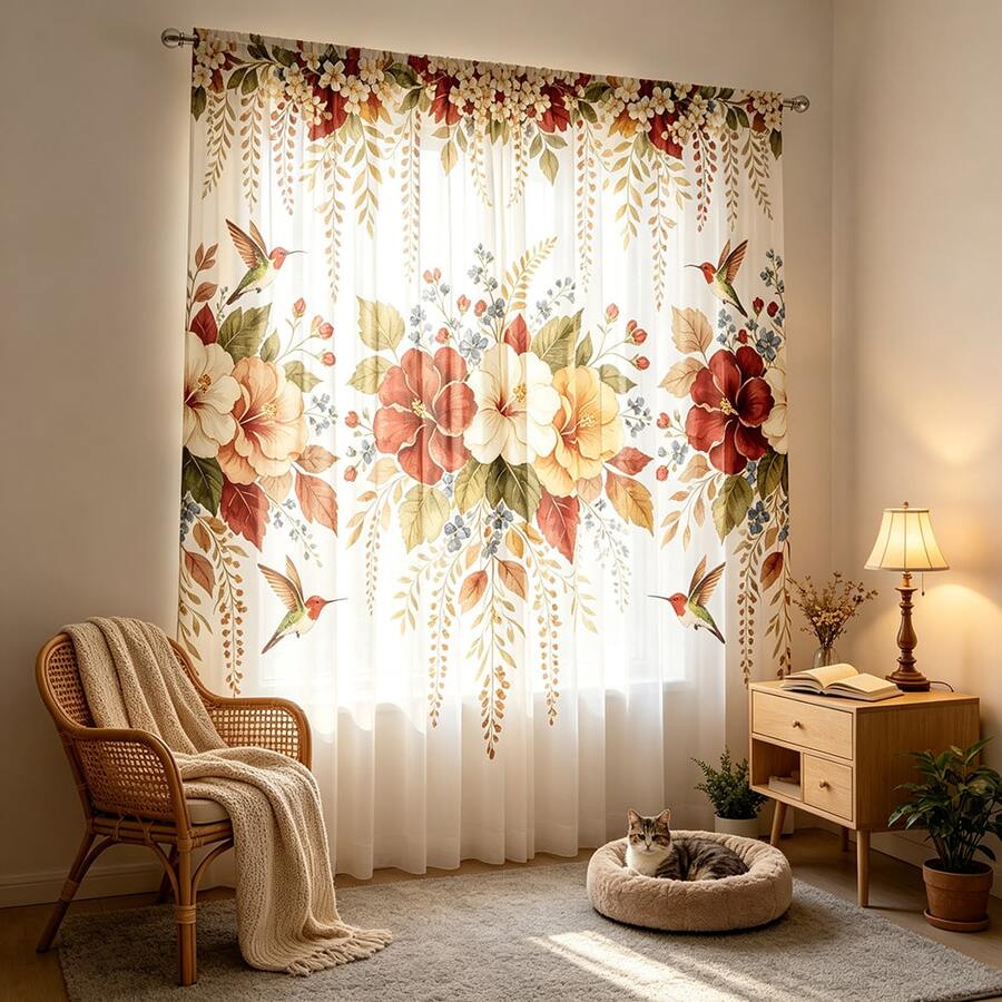 1 buah Tirai Tipis Cetak Digital, Motif Botani Camellia dan Burung Kolibri Vintage, Gaya Retro Pedesaan Amerika, Desain Kantong Batang, Cocok untuk Dekorasi Kamar Tidur, Dapur, dan Ruang Tamu, Poliester - MultiWarna - View 1