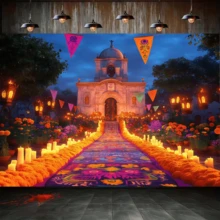 1pc Halloween Backdrop, Day Of The Dead Church Night, Wall Decoration Banner, Suitable For Living Room, Party Venue, Youth Room, Yard Decoration, Suitable For Halloween Party, Day Of The Dead Gathering - A - View 1