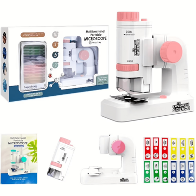 Kids Pocket Microscope - 200x Biological Science Microscope With LED Light Base (Pink)
