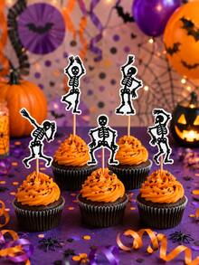 10 piezas/20 piezas Adornos de Esqueleto para Cupcakes de Halloween, Palillos de Esqueleto Bailando para Pasteles, Decoraciones de Postres Espeluznantes, Suministros de Repostería para Fiestas de Halloween - Ver 1