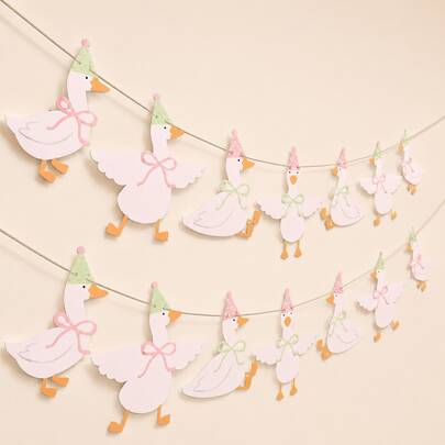 1pc White Goose Paper Banner Garland, Cute Farm Goose Cutout Flag With Mini Party Hat & Pastel Bow Decor, Soft Light Pink Green Watercolor Style, BabyShower Birthday Party Supplies, Indoor Wall Window Sweet Cartoon Animal Photo Backdrop Ornaments