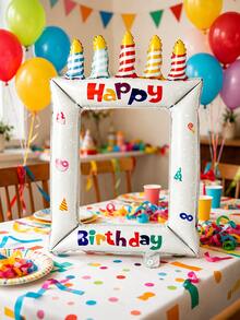 1pc Blue Happy Birthday Print Colorful Candles Birthday Cake Photo Frame Balloon Base Birthday Cake Balloon Set Suitable For Birthday Party Decoration Propsanniversaries,As Well As For Event Decor And Photo Props - View 3