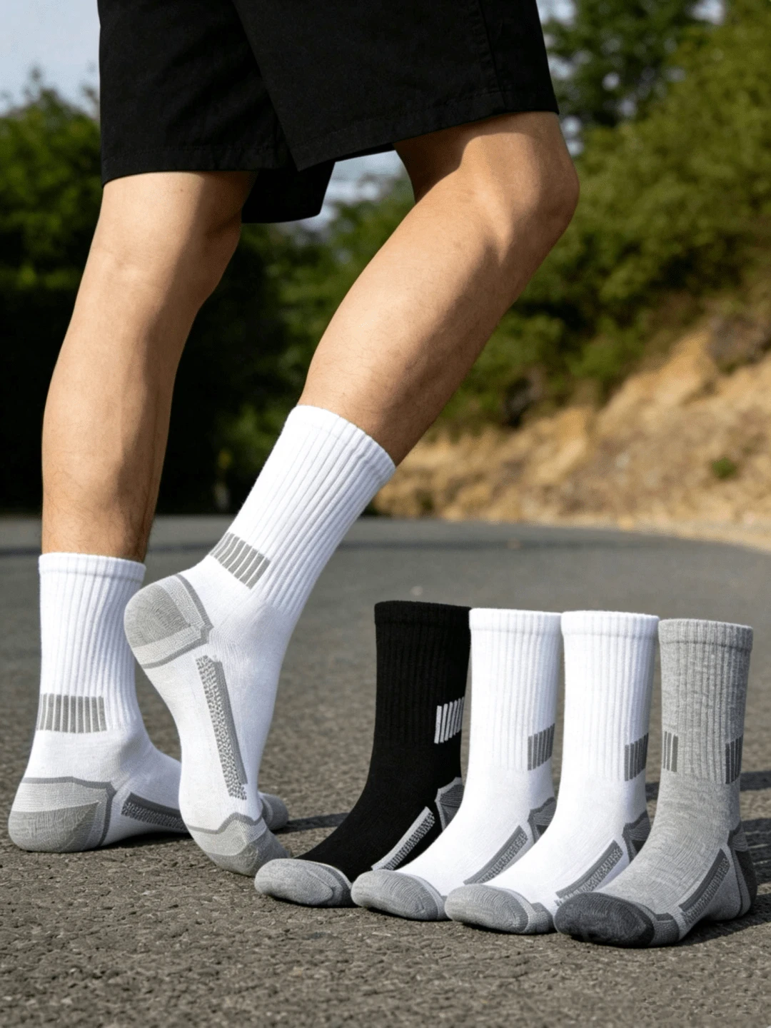 10 Pairs Men's Mid-Calf Socks, Black White Gray Colorway, Striped Ankle Support Design, Comfortable Outdoor Sports Socks, Back To School Season - Multicolor - View 1