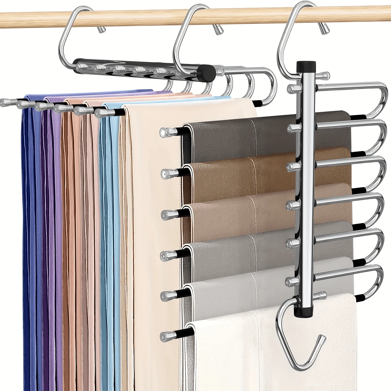 Cabide de Calças de Metal Aço Inoxidável com 9 Níveis, Suporte de Calças Dobrável Multifuncional com Clipes Mágicos Sem Marcas, Cabide Giratório, Organizador de Guarda-Roupa, Barra Ajustável, Adequado para Casa/Escritório/Hotel, Solução de Armazenamento de Guarda-Roupa, Gancho de Aço Inoxidável Antiderrapante - Multicolorido - Visão 1