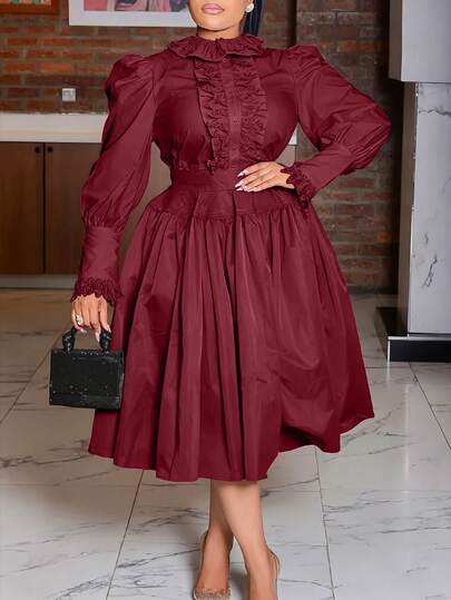 Plus Size Elegant Contrast Lace Trim Long Sleeve Fitted Shirt Dress, Holiday Wear, Daily Commute, Travel Street Style Outfit
