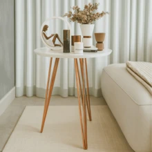 Mesinha Lateral Canto Apoio Redonda Mdf Mesa De Centro Alta Pés Em Aço Estilo Industrial Moderna - Branco - Visão 3
