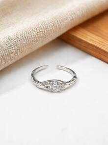1pc Adjustable Silver Sterling Micro-Inlaid Zirconia Stone Ring, Minimalist & For Women - Silver - View 6