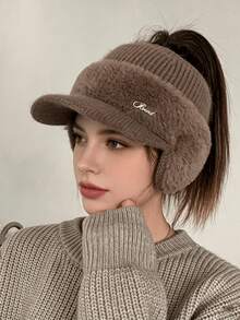 1 pieza Gorro de invierno con orejeras de peluche con letras para mujer - Gorro de peluche 3 en 1, diseño simple y cálido, adecuado para compras diarias, viajes de vacaciones, regalo perfecto - Protector de oídos - Ver 11