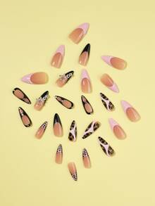 24pcs French Press On Nails Star Chain Design False Nails Medium Fake Nails Coffin Shape Nails Press On Manicure Set Includes 1sheet Adhesive Tabs & 1pc Nail File Suitable For Everyday Wear - 彩色 - 查看 3