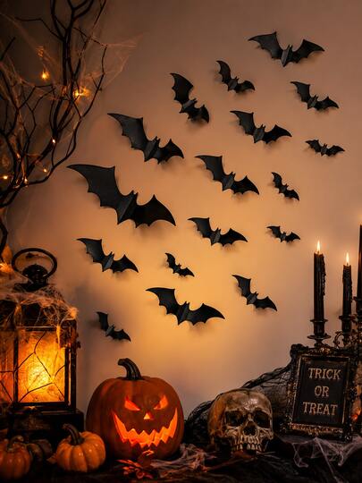 48/24/12/2pcs 3D Bat Wall Decal Set, Multi-Size Black Bat Stickers, DIY Wall Decor, Reusable Halloween Party Supplies, Suitable For Bathroom, Bar, Office, Bedroom And Indoor, Spooky Home Decor And Patio Porch Decoration, Halloween Essential