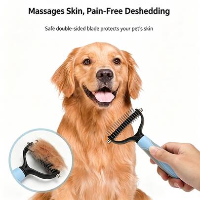 1pc 2 In 1 Pet Grooming Rake Stainless Steel Undercoat Brush Dematting Deshedding Comb Ergonomic Reusable Design Gentle On Pet Skin Prevent Irritation Summer Hair Care Tool For Cats Dogs Household Daily Pet Fur Cleaning Essential Supply Gift