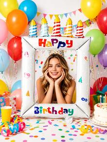 1pc Blue Happy Birthday Print Colorful Candles Birthday Cake Photo Frame Balloon Base Birthday Cake Balloon Set Suitable For Birthday Party Decoration Propsanniversaries,As Well As For Event Decor And Photo Props - View 2