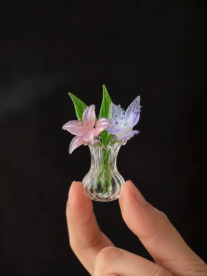 5 piezas/3 piezas/1 pieza Mini jarrón de flores de vidrio hecho a mano, jarrón de vidrio transparente a rayas con flores de vidrio rosa y púrpura y dos hojas verdes, adecuado para escritorio, dormitorio, sala de estar, diseñado para mujeres, estilo romántico campestre, tamaño de la flor 8cm, regalo perfecto para el Día de San Valentín, Día de la Madre, cumpleaños