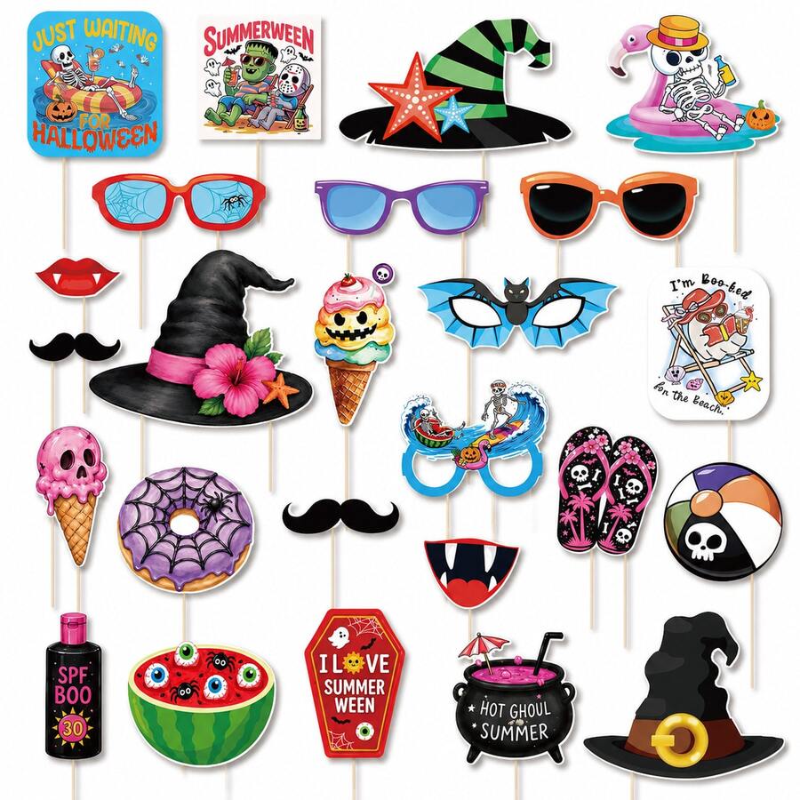 Summerween Photo Booth Props, 35Pcs Halloween Party Decorations With Beach & Tropical Theme Masks, Fashion Glasses And Signs, Funny Halloween Photo Props For Summer Parties, Pool Parties, Costume Parties - Style 1 - View 1