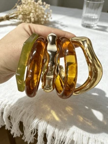 5/1pc Vintage Old Money Style Casual Resin CCB Geometric Wave Open Bangle Bracelet Jewelry Set, Suitable For Women And Moms For Daily Wear, Party, Vacation, Holiday Gift - Multicolor - View 2