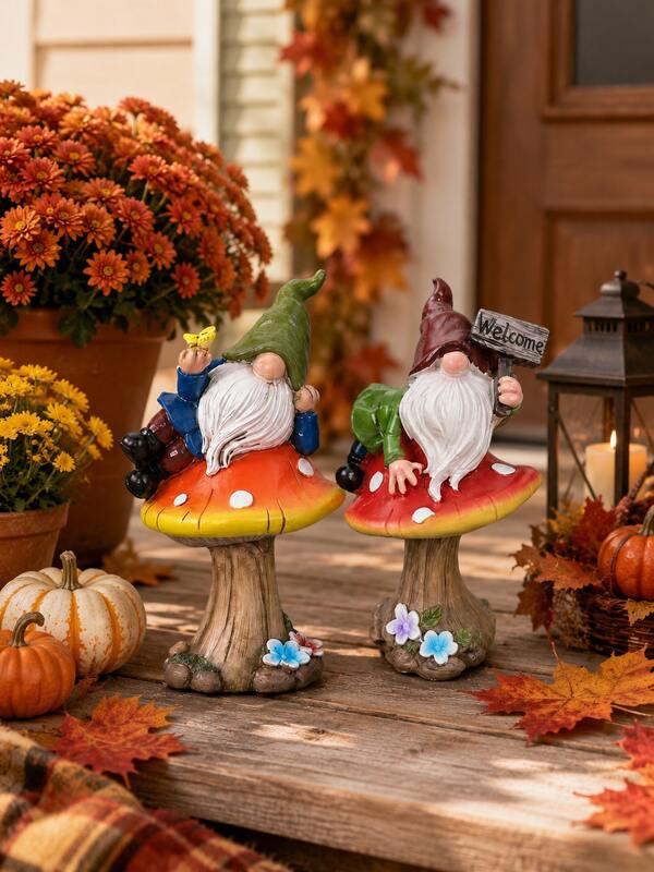 Tượng trang trí vườn Gnome nấm phong cách Whimsical bằng nhựa resin, tượng tiên trang trí ngoài trời dễ thương cho sân vườn, hiên, bãi cỏ, chậu cây, phong cách Cottagecore, quà tặng cho người yêu làm vườn theo mùa xuân hè thu