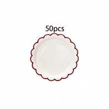 10/20/30/50/100 Stück Burgunderrote Wellenrand-Pappteller, 2 Größen (7 Zoll und 9 Zoll) Weiße Party-Teller mit Burgunderrot-Rand, elegantes Wellendesign geeignet für Geburtstag, Brautparty, Junggesellinnenabschied, Feiertage und Veranstaltungen - Weißer Hintergrund mit bordeauxrotem Rand - Übersicht 14