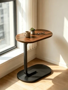 1pc Light Luxury Minimalist Oval Side Table With Thickened Iron Frame For Stable Support, Ideal As A Small Desk For Reading Nooks In Studies And A Storage Table For Sofa Gaps. - Walnut Color + Black Frame - View 3