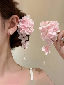 2件裝甜美粉色調人造繡球花髮夾，少女風側邊髮夾，適合盤髮，仙女風女性拍照用髮飾 - 粉色 - 查看 5