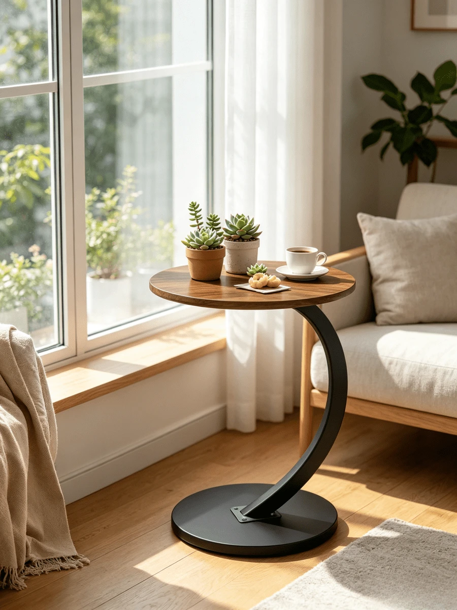 1pc C-Shaped Curved Round Side Table With Waterproof Walnut Wood Tabletop, Storage Shelf Beside Living Room Sofas, Minimalist Bedside Small Tea Table - Walnut Color + Black Frame - View 1