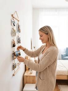 1 set fotohängare i trä med rep och klämmor (1 displayställ + 15 klämmor + 1 metallkrok + 1 spårlös krok), fotodisplayställ utan borrning, platsbesparande väggdekoration för sovsal, sovrum och skrivbord - Flerfärgad - Visa 7