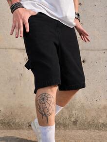 Men's Casual Denim Shorts, Summer American Style Washed Vintage Light Blue Loose Fit Bermuda Shorts - Black - View 3