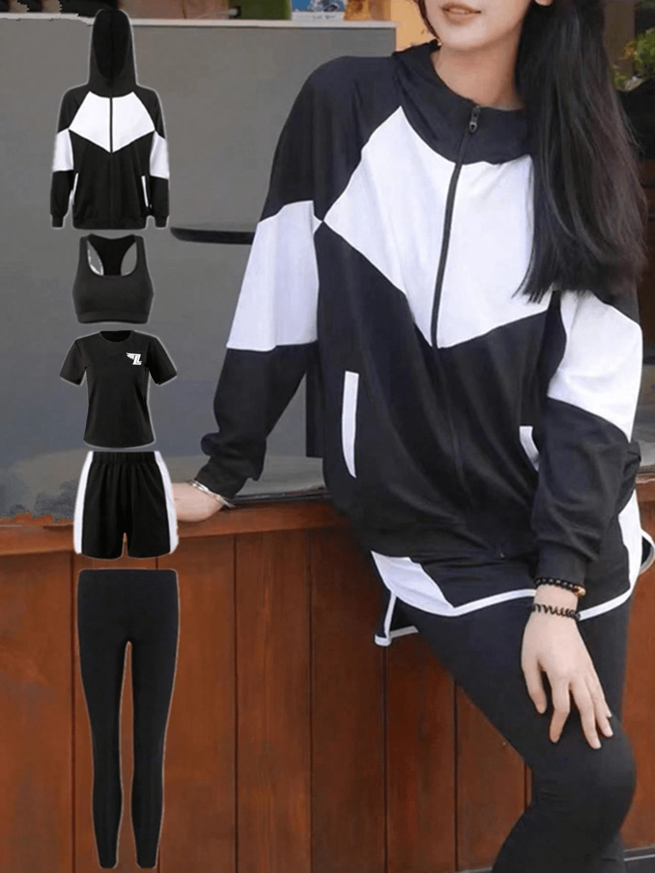 Women's Moisture-Wicking Sports Set, Yoga Bra + Zipper Hooded Long Sleeve Loose Fit Hoodie With Pockets + Sports Short Sleeve + Running Shaping Leggings + Pocket Shorts, 5-Piece Minimalist Gym Outfit Set - Black and White - View 1