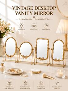 Specchio da toeletta stile europeo vintage, specchio da trucco da tavolo con supporto regolabile, immagine ad alta definizione, decorazione da camera da letto, specchio da trucco portatile, adatto per dormitorio, viaggio, bagno, ufficio, scrivania, ritorno a scuola, regalo di Natale, adatto per donne, ragazze, studenti, adolescenti - Multicolore - Visualizzare 4
