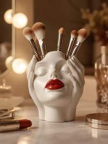 1pc Resin Face Makeup Brush Holder, Artistic Female Head Cosmetic Organizer With Red Lips, Decorative Vanity Storage For Makeup Brushes, Beauty Tools & Pens, For Dressing Table, Bedroom, Bathroom Counter, Office Desk, Home Decor, Gift For Women - New Product - View 2