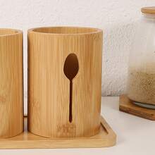 4pcs/Set - Three Utensil Storage Canisters With Bamboo Tray Base For Knives, Forks, And Spoons - Apricot - View 8