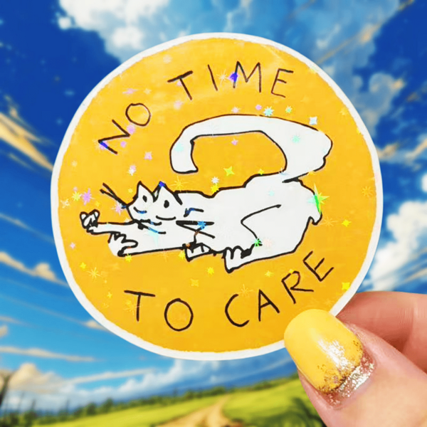 黃色背景圓形「NO TIME TO CARE」慵懶貓咪，完美詮釋「慵懶、禪意、無內心衝突」生活態度防水乙烯基貼紙－耐用光滑表面，自黏式車貼，適用於汽車、窗戶、筆記本電腦、卡車、水壺－多功能耐用設計，汽車貼紙