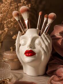 1pc Resin Face Makeup Brush Holder, Artistic Female Head Cosmetic Organizer With Red Lips, Decorative Vanity Storage For Makeup Brushes, Beauty Tools & Pens, For Dressing Table, Bedroom, Bathroom Counter, Office Desk, Home Decor, Gift For Women - New Product - View 8