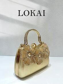 1pc Luxury Gold 3D Floral Rhinestone & Pearl Embellished Hard Shell Evening Clutch Bag, Vintage PU Leather Top Handle Formal Bag For Wedding, Party, Banquet, Women's Elegant Gift Bag - Multicolor - View 1