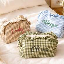 Personalized Plaid Makeup Bag, Ruffle Edge Cosmetic Bag, Customized Name Toiletry Bag, Bridesmaid Gift Travel Makeup Organizer Bag - Multicolor 1 - View 5