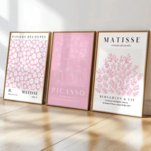 3 piezas de arte de pared decorativo de estilo moderno, conjunto de pintura de pared rosa estilo Matisse y Picasso - Póster de mercado floral abstracto, impresión en lienzo, adecuado para decoración de sala de estar, dormitorio, comedor (sin marco), regalo de cumpleaños, graduación, decoración de cocina, decoración de hotel, decoración de oficina - A - Ver 3