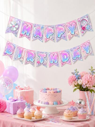 Birthday Banner, Pink-Blue Gradient Happy Birthday English Letter Felt Banner, Music Headphones & Vinyl Record Pattern 2D Print, Lightweight And Easy To Hang, Suitable For Birthday Party, Music Theme Gathering, Wall And Photo Backdrop Decoration