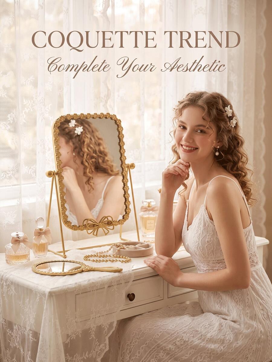 Specchio da toeletta stile europeo vintage, specchio da trucco da tavolo con supporto regolabile, immagine ad alta definizione, decorazione da camera da letto, specchio da trucco portatile, adatto per dormitorio, viaggio, bagno, ufficio, scrivania, ritorno a scuola, regalo di Natale, adatto per donne, ragazze, studenti, adolescenti - Multicolore - Visualizzare 1
