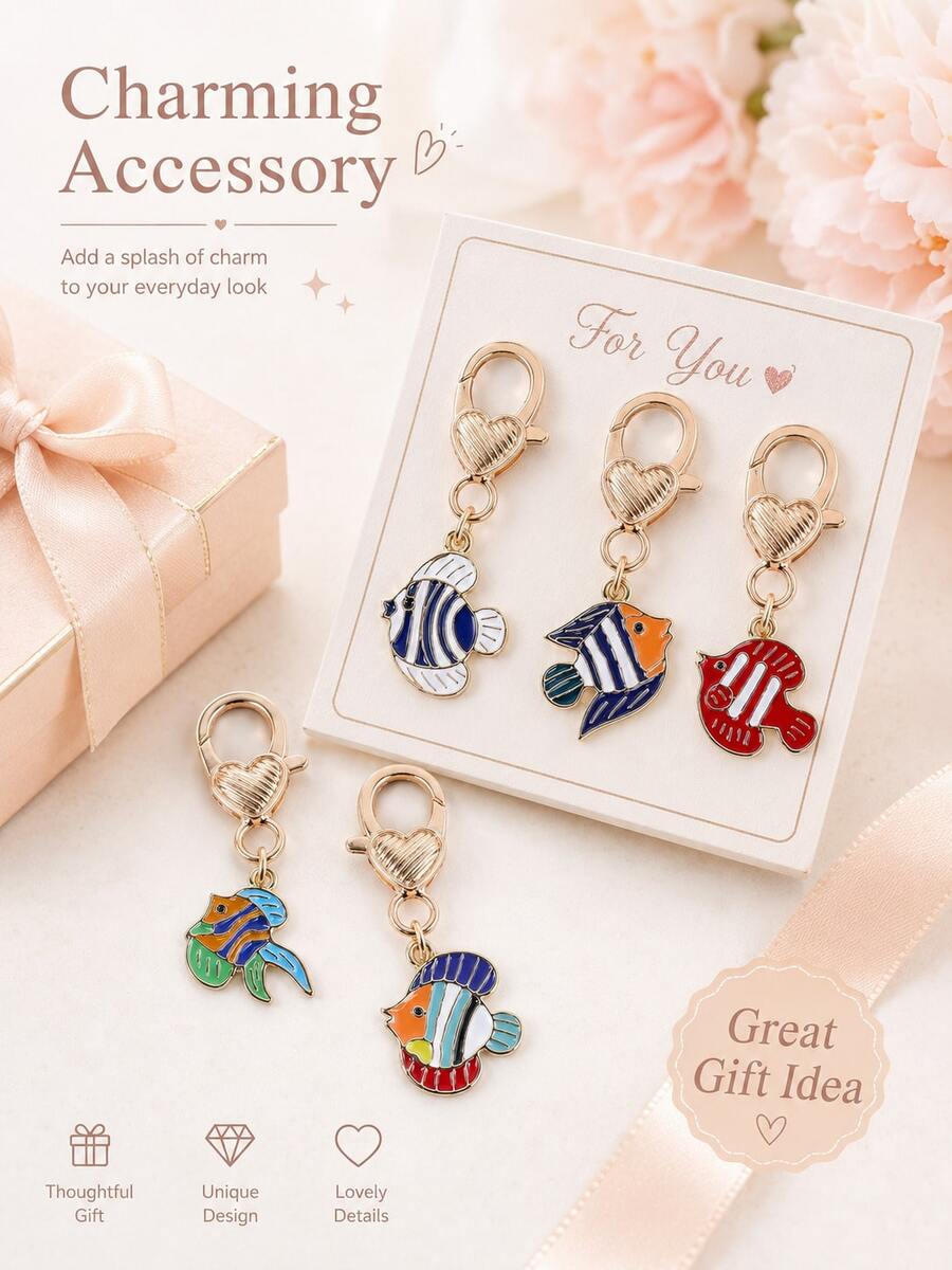 1/5pcs Mini Ocean-Themed Colorful Fish Enamel Clasp, 5 Tropical Fish Styles Gold Heart Lobster Claw Pendant, Bag Charm, Keychain/Phone Strap/Coin Purse Zipper/Backpack DIY Decoration, Summer Beach Vacation Style Accessory Small Gift, Suitable For Friends Birthday Holiday Gift - Multicolor - View 1