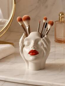 1pc Resin Face Makeup Brush Holder, Artistic Female Head Cosmetic Organizer With Red Lips, Decorative Vanity Storage For Makeup Brushes, Beauty Tools & Pens, For Dressing Table, Bedroom, Bathroom Counter, Office Desk, Home Decor, Gift For Women - New Product - View 5