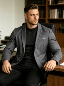 Men's Grey Suit Jacket, Pocket Details, Business And Street Style Outerwear - Dark Grey - View 1
