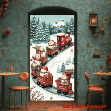 2D Flag Christmas-Themed Banner Background, Featuring A Snowman And Train Theme, With Elements Of Snow-Covered Pine Trees, Christmas Gifts, And Winter Cabins. Suitable For Party Decorations For Various Christmas Events, No Power Supply Required. - View 4