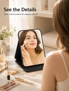 1pc New Foldable Portable High-Definition Makeup Mirror PU Leather Desktop Mirror Set, Suitable For Travel And Daily Use (Size: Large/Extra Large/Super Large) - Black - View 3