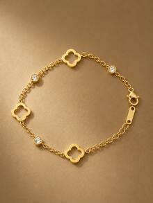 ZCNC Znice New 5-Piece Bracelet Set, Fashion Stainless Steel + Copper Plated 18K Gold, Women's Floral Rhinestone Bracelet & Bracelet Combination, Lucky Four-Leaf Clover And Sparkling Square Diamond Bracelet Set, Suitable For Women's Daily Wear, Holiday Gift, Fashionable Women's Bracelet Set - Gold - View 4