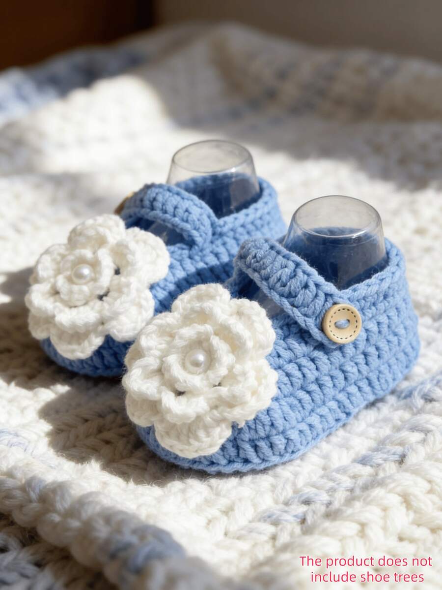 1 Pair Handmade Infant Boots, Green Crochet With White Flowers, Button Closure - Baby Blue - View 1