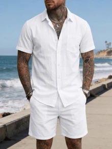 Men's 2-Piece Linen Casual Short Sleeve Button-Up Shirt And Shorts Summer Beach Set, Daily Casual, Holiday Surprise - White - View 2