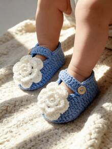 1 Pair Handmade Infant Boots, Green Crochet With White Flowers, Button Closure - Baby Blue - View 2