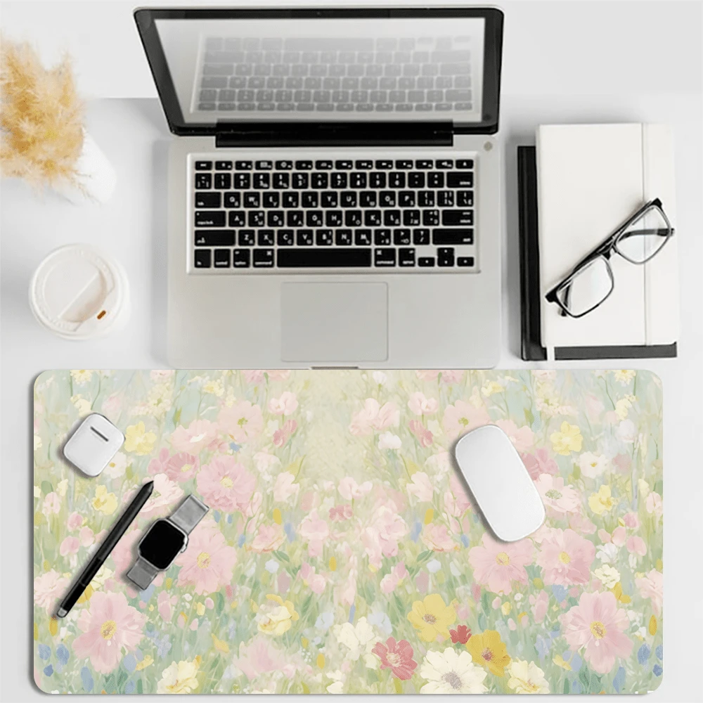 1PC Watercolor Wildflower Extended Mouse Pad, Soft Pastel Mixed Floral Field Desk Mat, Waterproof Non-Slip Stitched Keyboard Pad For Girls Study Room Desktop Decoration - Cartoon Flowers - View 1