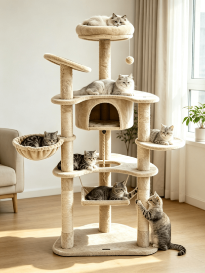 1pc Multi-Level Large Cat Tree Tower - 61 Inches, Equipped With Sisal Scratching Posts, Cat Condo, Hammock, Basket Perch And Hanging Toy Ball, Indoor Large Cat Activity Center With Top Viewing Platform, Suitable For Kittens And Multiple Cats