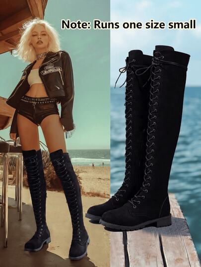 Women's Anti-Slip Thin Fleece Lining Front Lace-Up Round Toe Over-The-Knee Low Heel Boots Plus Size Daily Autumn/Winter Black Suede Knight Boots Runs Small