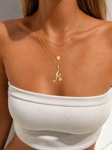 3pcs/Set Y2K Gold Layered Letter Necklace With Heart Pendant, Rhinestone Letter Pendant And Pink Heart Detail, Cute Multi-Layer Necklace, Suitable For Women And Girls - Yellow Gold - View 4